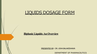 LIQUIDS DOSAGE FORM
Biphasic Liquids:An Overview
PRESENTED BY
:-DR.USHABALAKESHAWA
DEPARTMENT OF PHARMACEUTICS
 