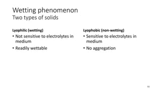 Wetting phenomenon
Two types of solids
Lyophilic (wetting)
• Not sensitive to electrolytes in
medium
• Readily wettable
Lyophobic (non-wetting)
• Sensitive to electrolytes in
medium
• No aggregation
11
 