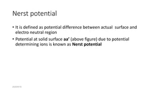2020/9/19
Nerst potential
• It is defined as potential difference between actual surface and
electro neutral region
• Potential at solid surface aa’ (above figure) due to potential
determining ions is known as Nerst potential
 