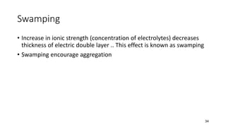 Swamping
• Increase in ionic strength (concentration of electrolytes) decreases
thickness of electric double layer .. This effect is known as swamping
• Swamping encourage aggregation
34
 