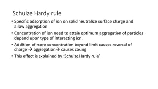 Schulze Hardy rule
• Specific adsorption of ion on solid neutralize surface charge and
allow aggregation
• Concentration of ion need to attain optimum aggregation of particles
depend upon type of interacting ion.
• Addition of more concentration beyond limit causes reversal of
charge → aggregation→ causes caking
• This effect is explained by ‘Schulze Hardy rule’
 