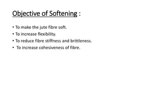 Objective of Softening :
• To make the jute fibre soft.
• To increase flexibility.
• To reduce fibre stiffness and brittleness.
• To increase cohesiveness of fibre.
 