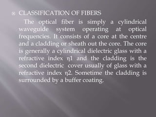  CLASSIFICATION OF FIBERS
The optical fiber is simply a cylindrical
waveguide system operating at optical
frequencies. It consists of a core at the centre
and a cladding or sheath out the core. The core
is generally a cylindrical dielectric glass with a
refractive index η1 and the cladding is the
second dielectric cover usually of glass with a
refractive index η2. Sometime the cladding is
surrounded by a buffer coating.
 