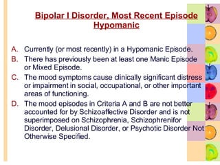 Bipolar I Disorder, Most Recent Episode Hypomanic Currently (or most recently) in a Hypomanic Episode.  There has previously been at least one Manic Episode or Mixed Episode.  The mood symptoms cause clinically significant distress or impairment in social, occupational, or other important areas of functioning.  The mood episodes in Criteria A and B are not better accounted for by Schizoaffective Disorder and is not superimposed on Schizophrenia, Schizophrenifor Disorder, Delusional Disorder, or Psychotic Disorder Not Otherwise Specified.  