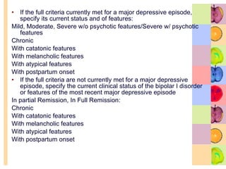 If the full criteria currently met for a major depressive episode,  specify its current status and of features: Mild, Moderate, Severe w/o psychotic features/Severe w/ psychotic features Chronic With catatonic features With melancholic features With atypical features With postpartum onset If the full criteria are not currently met for a major depressive episode, specify the current clinical status of the bipolar I disorder or features of the most recent major depressive episode In partial Remission, In Full Remission: Chronic With catatonic features With melancholic features With atypical features With postpartum onset 
