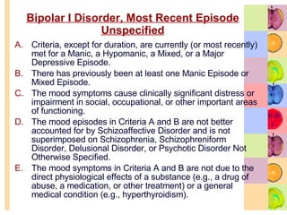 Bipolar I Disorder, Most Recent Episode Unspecified Criteria, except for duration, are currently (or most recently) met for a Manic, a Hypomanic, a Mixed, or a Major Depressive Episode.  There has previously been at least one Manic Episode or Mixed Episode.  The mood symptoms cause clinically significant distress or impairment in social, occupational, or other important areas of functioning.  The mood episodes in Criteria A and B are not better accounted for by Schizoaffective Disorder and is not superimposed on Schizophrenia, Schizophreniform Disorder, Delusional Disorder, or Psychotic Disorder Not Otherwise Specified.  The mood symptoms in Criteria A and B are not due to the direct physiological effects of a substance (e.g., a drug of abuse, a medication, or other treatment) or a general medical condition (e.g., hyperthyroidism).  