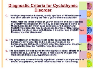 Diagnostic Criteria for Cyclothymic Disorder C.   No Major Depressive Episode, Manic Episode, or Mixed Episode has been present during the first 2 years of the disturbance Note: After the initial 2 years (1 year in children and adolescents) of Cyclothymic Disorder, there may be superimposed Manic or Mixed Episodes (in which case both Bipolar I disorder and Cyclothymic Disorder may be diagnosed) or Major Depressive Episodes (in which case both Bipolar II Disorder and Cyclothymic Disorder may be diagnosed) D.   The symptoms in Criterion are not better accounted for by Schizoaffective Disorder and is not superimposed on Schizophrenia, Schizophreniform Disorder, Delusional Disorder, or Psychotic Disorder Not Otherwise Specified. E.   The symptoms are not due to the direct physiological effects of a substance (e.g., a drug of abuse, a medication) or a general medical condition (e.g., hyperthyroidism). F.   The symptoms cause clinically significant distress or impairment in social, occupational, or other important areas of functioning.   