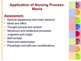 Application of Nursing Process: Mania Assessment: General appearance and motor behavior Mood and affect Thought process and content  Sensorium and intellectual processes Judgment and insight  Self-concept Roles and relationships  Physiologic and self-care considerations  