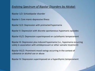5
Evolving Spectrum of Bipolar Disorders by Akiskal:
Bipolar 1/2: Schizobipolar disorder
Bipolar I: Core manic-depressive illness
Bipolar I1/2: Depression with protracted hypomania
Bipolar II: Depression with discrete spontaneous hypomanic episodes
Bipolar II1/2: Depression superimposed on cyclothymic temperament
Bipolar III: Depression plus induced hypomania (i.e., hypomania occurring
solely in association with antidepressant or other somatic treatment)
Bipolar III1/2: Prominent mood swings occurring in the context of
substance or alcohol use or abuse
Bipolar IV: Depression superimposed on a hyperthymic temperament
 