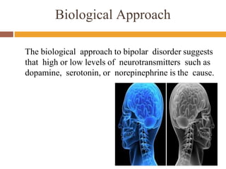Biological Approach
The biological approach to bipolar disorder suggests
that high or low levels of neurotransmitters such as
dopamine, serotonin, or norepinephrine is the cause.
 