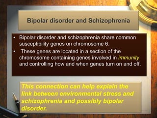 Bipolar disorder and Schizophrenia 
• Bipolar disorder and schizophrenia share common 
susceptibility genes on chromosome 6. 
• These genes are located in a section of the 
chromosome containing genes involved in immunity 
and controlling how and when genes turn on and off. 
This connection can help explain the 
link between environmental stress and 
schizophrenia and possibly bipolar 
disorder. 
 