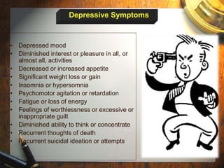Depressive Symptoms 
• Depressed mood 
• Diminished interest or pleasure in all, or 
almost all, activities 
• Decreased or increased appetite 
• Significant weight loss or gain 
• Insomnia or hypersomnia 
• Psychomotor agitation or retardation 
• Fatigue or loss of energy 
• Feelings of worthlessness or excessive or 
inappropriate guilt 
• Diminished ability to think or concentrate 
• Recurrent thoughts of death 
• Recurrent suicidal ideation or attempts 
 