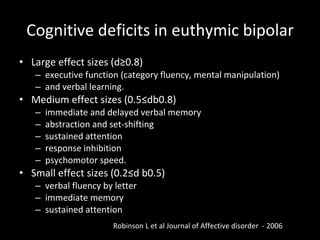 Cognitive deficits in euthymic bipolar Large effect sizes (d≥0.8)  executive function (category fluency, mental manipulation)  and verbal learning.  Medium effect sizes (0.5≤db0.8)  immediate and delayed verbal memory  abstraction and set-shifting  sustained attention  response inhibition psychomotor speed.  Small effect sizes (0.2≤d b0.5)  verbal fluency by letter immediate memory sustained attention Robinson L et al Journal of Affective disorder  - 2006 