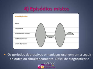 4) Episódios mistos




 Os períodos depressivos e maníacos ocorrem um a seguir
   ao outro ou simultaneamente. Difícil de diagnosticar e
                          intervir.
 