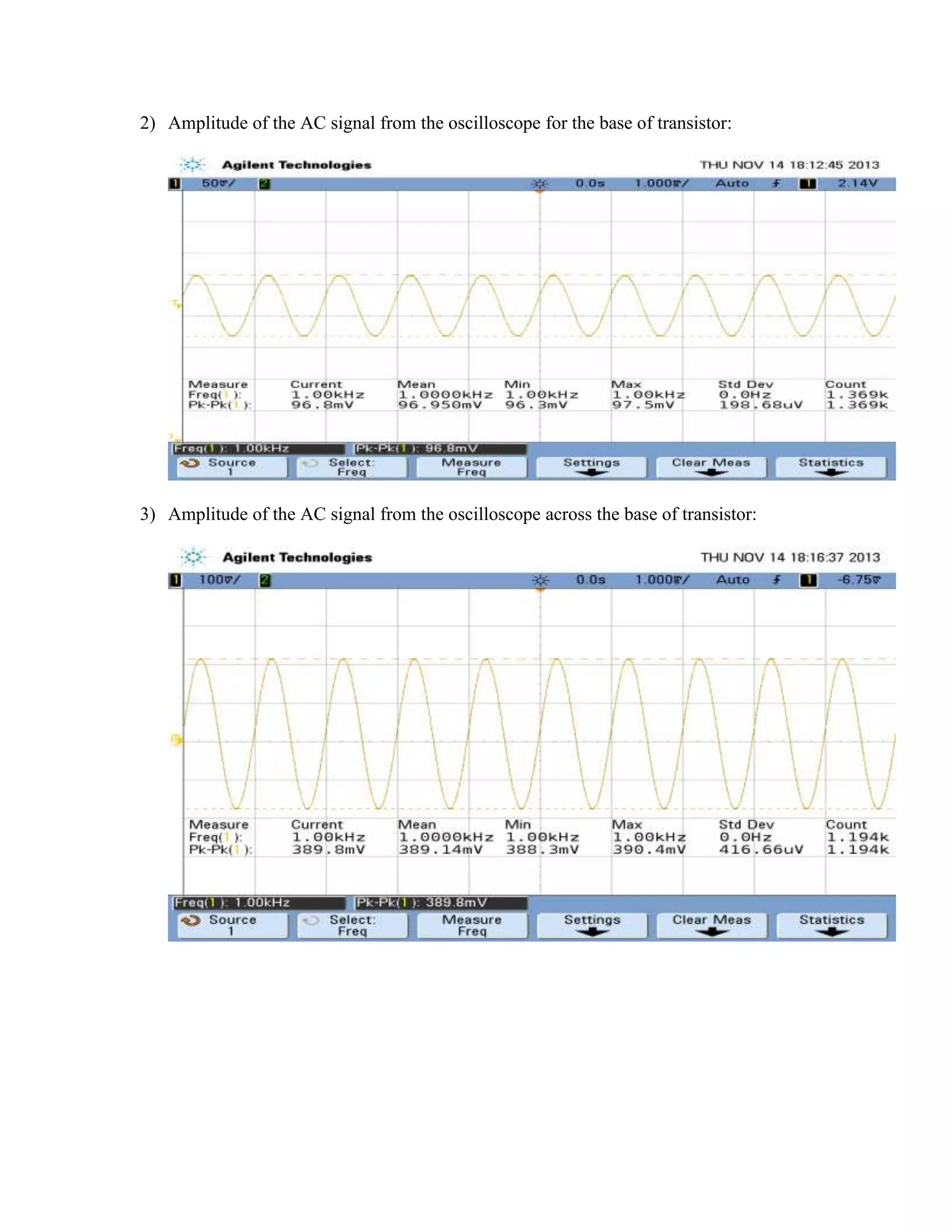 2) Amplitude of the AC signal from the oscilloscope for the base of transistor:

3) Amplitude of the AC signal from the oscilloscope across the base of transistor:

 