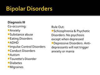 Diagnosis III
Co-occurring:
Anxiety
Substance abuse
Eating Disorders
ADHD
Impulse Control Disorders
Conduct Disorders
Autism
Tourette’s Disorder
Diabetes
Migraines
Rule Out:
Schizophrenia & Psychotic
Disorders: No psychosis
except when depressed
Depressive Disorders: Anti-
depressants will not trigger
anxiety or mania
 