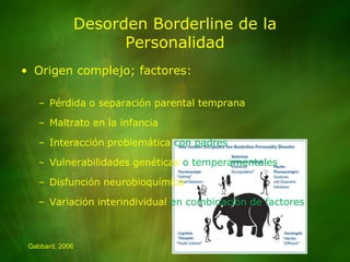 Origen complejo; factores:Pérdida o separación parental tempranaMaltrato en la infanciaInteracción problemática con padresVulnerabilidades genéticas o temperamentalesDisfunción neurobioquímicaVariación interindividual en combinación de factoresGabbard, 2006Desorden Borderline de la Personalidad