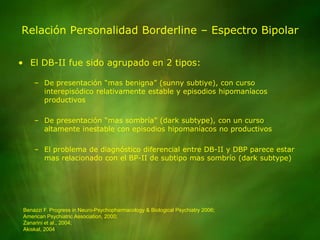 Relación Personalidad Borderline – Espectro BipolarEl DB-II fue sido agrupado en 2 tipos:De presentación “mas benigna” (sunny subtiye), con curso interepisódico relativamente estable y episodios hipomaníacos productivosDe presentación “mas sombría” (dark subtype), con un curso altamente inestable con episodios hipomaníacos no productivosEl problema de diagnóstico diferencial entre DB-II y DBP parece estar mas relacionado con el BP-II de subtipo mas sombrío (dark subtype)Benazzi F. Progress in Neuro-Psychopharmacology & Biological Psychiatry 2006;American Psychiatric Association, 2000;Zanarini et al., 2004;Akiskal, 2004