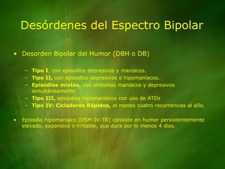 Desórdenes del Espectro BipolarDesorden Bipolar del Humor (DBH o DB)Tipo I, con episodios depresivos y maníacos.Tipo II, con episodios depresivos e hipomaníacos.Episodios mixtos, con síntomas maníacos y depresivos simultáneamenteTipo III, episodios hipomaníacos con uso de ATDsTipo IV: Cicladores Rápidos, al menos cuatro recurrencias al año.Episodio hipomaníaco (DSM-IV-TR) consiste en humor persistentemente elevado, expansivo o irritable, que dura por lo menos 4 días.