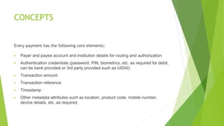CONCEPTS
Every payment has the following core elements:
▶ Payer and payee account and institution details for routing and authorization
▶ Authentication credentials (password, PIN, biometrics, etc. as required for debit,
can be bank provided or 3rd party provided such as UIDAI)
▶ Transaction amount
▶ Transaction reference
▶ Timestamp
▶ Other metadata attributes such as location, product code, mobile number,
device details, etc. as required.
 