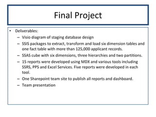 Final Project Deliverables: Visio diagram of staging database design SSIS packages to extract, transform and load six dimension tables and one fact table with more than 125,000 applicant records.  SSAS cube with six dimensions, three hierarchies and two partitions. 15 reports were developed using MDX and various tools including SSRS, PPS and Excel Services. Five reports were developed in each tool.  One Sharepoint team site to publish all reports and dashboard.  Team presentation  