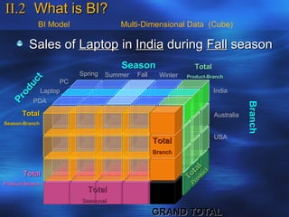 II.2 What is BI?
            BI Model                   Multi-Dimensional Data (Cube)

         Sales of Laptop in India during Fall season
                                        Season                    Total
                           Spring   Summer   Fall     Winter   Product-Branch
          t



                      PC
        uc




                Laptop                                                    India
     od
  Pr




           PDA




                                                                                      Branch
                                                                                      Branch
       Total                                                              Australia
Season-Branch

                                                                          USA
                                                    Total
                                                    Branch

                                                                    l
                                                                 ta uct
       Total                                                   To rod
Product-Season                                                   P
                             Total
                           Seasonal

                                                    GRAND TOTAL
 