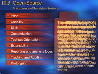 III.5 Open-Source
    Shortcomings of Proprietary Solutions

   Price
   Usability                           They price, to are
                                       The solutions pricing skills
                                       Lack‘solutions’are tool
                                              are adequate
                                               of unable
                                       Toosoftware areto provide
                                       The difficult foruse for
                                       The solutions
   Skills                              proprietarynot vendor
                                       maintenance impossible
                                       complete and
                                       customers toacosts, to
                                       sets andfromsupport the
                                       transfer tracking and
                                       most users thesolution
                                       focused on
                                       models do not develop
                                       at all Who and the
                                       for customers services
                                       prototypingand integrate
                                       auditing. phases
                                       solutionsandgot
                                       support,
                                       customer
                                       reporting        analysis
   Customization                       aftermarket suppliersthe
                                                   to action to
                                       necessaryand ignore the
                                       report? What ensuredid
                                       are too expensive
                                       of KPIs, direct
                                       business rules the
   Tool-set Orientation                Lack of of Business
                                       success implementation
                                       extend andHow long did it
                                       they take?
                                       performance of the not
                                       system. Customers did
                                       methodologies
                                       Intelligence projects.
                                       take? Was a business
   Extensibility                       processes thatas outlay
                                       process initiated affect
                                       buy the software, they paid
                                       Significant financial a
   Reporting and analysis focus        the contractual
                                       and metric right to use
                                       upfront How far along is
                                       result? for the
                                        it. This is likemust be a the
                                        agreements gettingis
                                        that process? What
   Tracking and Auditing                lease on a car full making
                                        performance ofbut
                                        signed before the
   Prototyping                          all the payments on day
                                        evaluation
                                        process? and prototyping
                                        one:be doneworst of both
                                        can it’s the
                                        worlds
 