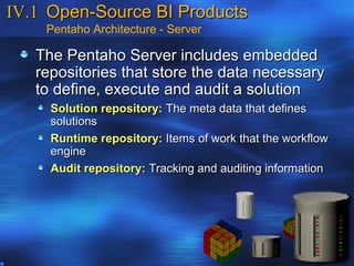IV.1 Open-Source BI Products
    Pentaho Architecture - Server

   The Pentaho Server includes embedded
   repositories that store the data necessary
   to define, execute and audit a solution
     Solution repository: The meta data that defines
     solutions
     Runtime repository: Items of work that the workflow
     engine
     Audit repository: Tracking and auditing information
 