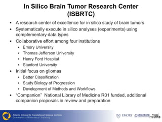 In Silico Brain Tumor Research Center
                        (ISBRTC)
 A research center of excellence for in silico study of brain tumors
 Systematically execute in silico analyses (experiments) using
  complementary data types
 Collaborative effort among four institutions
      Emory University
      Thomas Jefferson University
      Henry Ford Hospital
      Stanford University
   Initial focus on gliomas
      Better Classification
      Study Biology of Progression
      Development of Methods and Workflows
   “Companion” National Library of Medicine R01 funded, additional
    companion proposals in review and preparation


                                                                        7/9/2012
                                                                               9
 