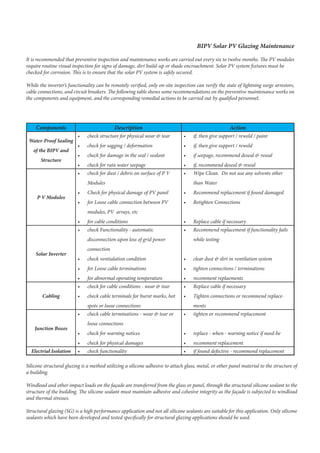 It is recommended that preventive inspection and maintenance works are carried out every six to twelve months. The PV modules
require routine visual inspection for signs of damage, dirt build-up or shade encroachment. Solar PV system fixtures must be
checked for corrosion. This is to ensure that the solar PV system is safely secured.
While the inverter’s functionality can be remotely verified, only on-site inspection can verify the state of lightning surge arrestors,
cable connections, and circuit breakers. The following table shows some recommendations on the preventive maintenance works on
the components and equipment, and the corresponding remedial actions to be carried out by qualified personnel.
BIPV Solar PV Glazing Maintenance
Components Description Action
Water-Proof Sealing
of the BIPV and
Structure
•	 check structure for physical wear & tear
•	 check for sagging / deformation
•	 check for damage in the seal / sealant
•	 check for rain water seepage
•	 if, then give support / reweld / paint
•	 if, then give support / reweld
•	 if seepage, recommend deseal & reseal
•	 if, recommend deseal & reseal
P V Modules
•	 check for dust / debris on surface of P V
Modules
•	 Check for physical damage of PV panel
•	 for Loose cable connection between PV
modules, PV arrays, etc
•	 for cable conditions
•	 Wipe Clean. Do not use any solvents other
than Water
•	 Recommend replacement if found damaged
•	 Retighten Connections
•	 Replace cable if necessary
Solar Inverter
•	 check Functionality - automatic
disconnection upon loss of grid power
connection
•	 check ventialation condition
•	 for Loose cable terminations
•	 for abnormal operating temperature
•	 Recommend replacement if functionality fails
while testing
•	 clear dust & dirt in ventilation system
•	 tighten connections / terminations
•	 recomment replaements
Cabling
•	 check for cable conditions - wear & tear
•	 check cable terminals for burnt marks, hot
spots or loose connections
•	 Replace cable if necessary
•	 Tighten connections or recommend replace-
ments
Junction Boxes
•	 check cable terminations - wear & tear or
loose connections
•	 check for warning notices
•	 check for physical damages
•	 tighten or recommend replacement
•	 replace - when - warning notice if need-be
•	 recomment replacement
Electrial Isolation •	 check functionality •	 if found defective - recommend replacement
Silicone structural glazing is a method utilizing a silicone adhesive to attach glass, metal, or other panel material to the structure of
a building.
Windload and other impact loads on the façade are transferred from the glass or panel, through the structural silicone sealant to the
structure of the building. The silicone sealant must maintain adhesive and cohesive integrity as the façade is subjected to windload
and thermal stresses.
Structural glazing (SG) is a high performance application and not all silicone sealants are suitable for this application. Only silicone
sealants which have been developed and tested specifically for structural glazing applications should be used.
 