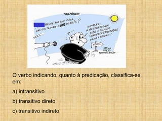 O verbo indicando, quanto à predicação, classifica-se
em:
a) intransitivo
b) transitivo direto
c) transitivo indireto
 