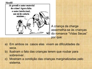 A criança da charge
assemelha-se às crianças
do romance “Vidas Secas”
por que:
a) Em ambos os casos elas vivem as dificuldades da
seca.
b) Ilustram o fato das crianças terem que roubar para
sobreviver.
c) Mostram a condição das crianças marginalizadas pelo
sistema.
 