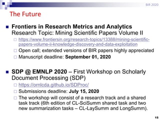 15
The Future
BIR 2020
 Frontiers in Research Metrics and Analytics
Research Topic: Mining Scientific Papers Volume II
 https://www.frontiersin.org/research-topics/13388/mining-scientific-
papers-volume-ii-knowledge-discovery-and-data-exploitation
 Open call; extended versions of BIR papers highly appreciated
 Manuscript deadline: September 01, 2020
 SDP @ EMNLP 2020 – First Workshop on Scholarly
Document Processing (SDP)
 https://ornlcda.github.io/SDProc/
 Submissions deadline: July 15, 2020
 The workshop will consist of a research track and a shared
task track (6th edition of CL-SciSumm shared task and two
new summarization tasks – CL-LaySumm and LongSumm).
 