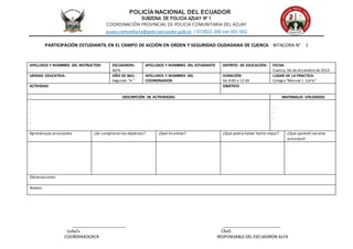 POLICÍA NACIONAL DEL ECUADOR
SUBZONA DE POLICÍA AZUAY Nº 1
COORDINACIÓN PROVINCIAL DE POLICIA COMUNITARIA DEL AZUAY
azuay.comunitaria@policiaecuador.gob.ec / 072822-200 ext 501-502
________________________ __________________________
Lcda/o CboS.
COORDINADOR/A RESPONSABLE DEL ESCUADRON ALFA
PARTICIPACIÓN ESTUDIANTIL EN EL CAMPO DE ACCIÓN EN ORDEN Y SEGURIDAD CIUDADANA DE CUENCA BITACORA N° 1
APELLIDOS Y NOMBRES DEL INSTRUCTOR: ESCUADRON:
ALFA
APELLIDOS Y NOMBRES DEL ESTUDIANTE DISTRITO DE EDUCACIÓN: FECHA:
Cuenca, 06 de diciembre de 2014
UNIDAD EDUCATIVA: AÑO DE BGU :
Segundo “A ”
APELLIDOS Y NOMBRES DEL
COORDINADOR:
DURACIÓN:
De 8:00 a 12:30
LUGAR DE LA PRACTICA:
Colegio “Manuel J. Calle“
ACTIVIDAD: OBJETIVO:
DESCRIPCIÓN DE ACTIVIDADES MATERIALES UTILIZADOS
-
-
-
-
-
-
-
-
Aprendizajes alcanzados ¿Se cumplieron los objetivos? ¿Qué hicebien? ¿Qué podría haber hecho mejor? ¿Qué aprendí con esta
actividad?
.
Observaciones:
Anexos:
 
