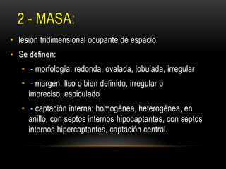 2 - MASA:
• lesión tridimensional ocupante de espacio.
• Se definen:
• - morfología: redonda, ovalada, lobulada, irregular
• - margen: liso o bien definido, irregular o
impreciso, espiculado
• - captación interna: homogénea, heterogénea, en
anillo, con septos internos hipocaptantes, con septos
internos hipercaptantes, captación central.
 