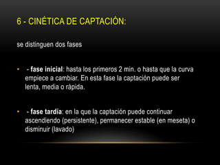 6 - CINÉTICA DE CAPTACIÓN:
se distinguen dos fases
• - fase inicial: hasta los primeros 2 min. o hasta que la curva
empiece a cambiar. En esta fase la captación puede ser
lenta, media o rápida.
• - fase tardía: en la que la captación puede continuar
ascendiendo (persistente), permanecer estable (en meseta) o
disminuir (lavado)
 