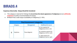 BIRADS 4
Suspicious Abnormality - Biopsy Should Be Considered:
● This category is reserved for findings that do not have the classic appearance of malignancy but are sufficiently
suspicious to justify a recommendation for biopsy.
● BI-RADS 4 has a wide range of probability of malignancy (2 - 95%).
 