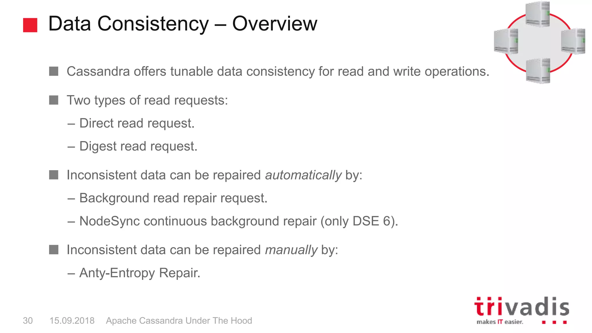 Data Consistency – Overview
Apache Cassandra Under The Hood30 15.09.2018
Cassandra offers tunable data consistency for read and write operations.
Two types of read requests:
– Direct read request.
– Digest read request.
Inconsistent data can be repaired automatically by:
– Background read repair request.
– NodeSync continuous background repair (only DSE 6).
Inconsistent data can be repaired manually by:
– Anty-Entropy Repair.
 