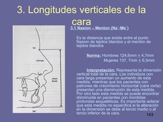 143
3. Longitudes verticales de la
cara3.1 Nasion – Menton (Na´-Me´)
Es la distancia que existe entre el punto
Nasion de tejidos blandos y el mentón de
tejidos blandos
Norma: Hombres 124,6mm + 4,7mm
Mujeres 137, 7mm + 6,5mm
Interpretación: Representa la dimensión
vertical total de la cara. Los individuos con
cara larga presentan un aumento de esta
medida, mientras que los pacientes con
patrones de crecimiento horizontal (cara vorta)
presentan una disminución de esta medida.
Por otro lado esta medida se puede encontrar
disminuida en pacientes con mordidas
profundas esqueléticas. Es importante aclarar
que esta medida no especifica si la alteración
en la dimensión se debe al tercio medio o al
tercio inferior de la cara.
 