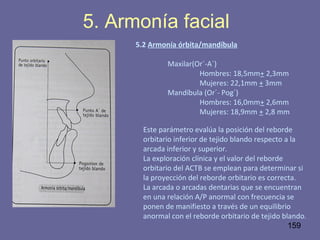 159
5. Armonía facial
5.2 Armonía órbita/mandíbula
Maxilar(Or´-A´)
Hombres: 18,5mm+ 2,3mm
Mujeres: 22,1mm + 3mm
Mandíbula (Or´- Pog´)
Hombres: 16,0mm+ 2,6mm
Mujeres: 18,9mm + 2,8 mm
Este parámetro evalúa la posición del reborde
orbitario inferior de tejido blando respecto a la
arcada inferior y superior.
La exploración clínica y el valor del reborde
orbitario del ACTB se emplean para determinar si
la proyección del reborde orbitario es correcta.
La arcada o arcadas dentarias que se encuentran
en una relación A/P anormal con frecuencia se
ponen de manifiesto a través de un equilibrio
anormal con el reborde orbitario de tejido blando.
 