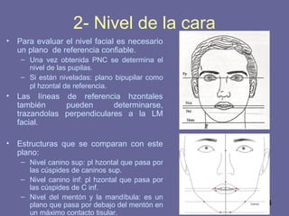 34
2- Nivel de la cara
• Para evaluar el nivel facial es necesario
un plano de referencia confiable.
– Una vez obtenida PNC se determina el
nivel de las pupilas.
– Si están niveladas: plano bipupilar como
pl hzontal de referencia.
• Las líneas de referencia hzontales
también pueden determinarse,
trazandolas perpendiculares a la LM
facial.
• Estructuras que se comparan con este
plano:
– Nivel canino sup: pl hzontal que pasa por
las cúspides de caninos sup.
– Nivel canino inf: pl hzontal que pasa por
las cúspides de C inf.
– Nivel del mentón y la mandíbula: es un
plano que pasa por debajo del mentón en
un máximo contacto tisular.
 