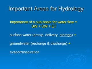 Important Areas for Hydrology Importance of a sub-basin for water flow =  SW + GW + ET surface water (precip, delivery,  storage )  +   groundwater (recharge & discharge)  +   evapotranspiration   