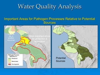 Water Quality Analysis Important Areas for Pathogen Processes Relative to Potential Sources Potential Sources Reduces risk to shellfish resources Most important areas for protection & restoration 