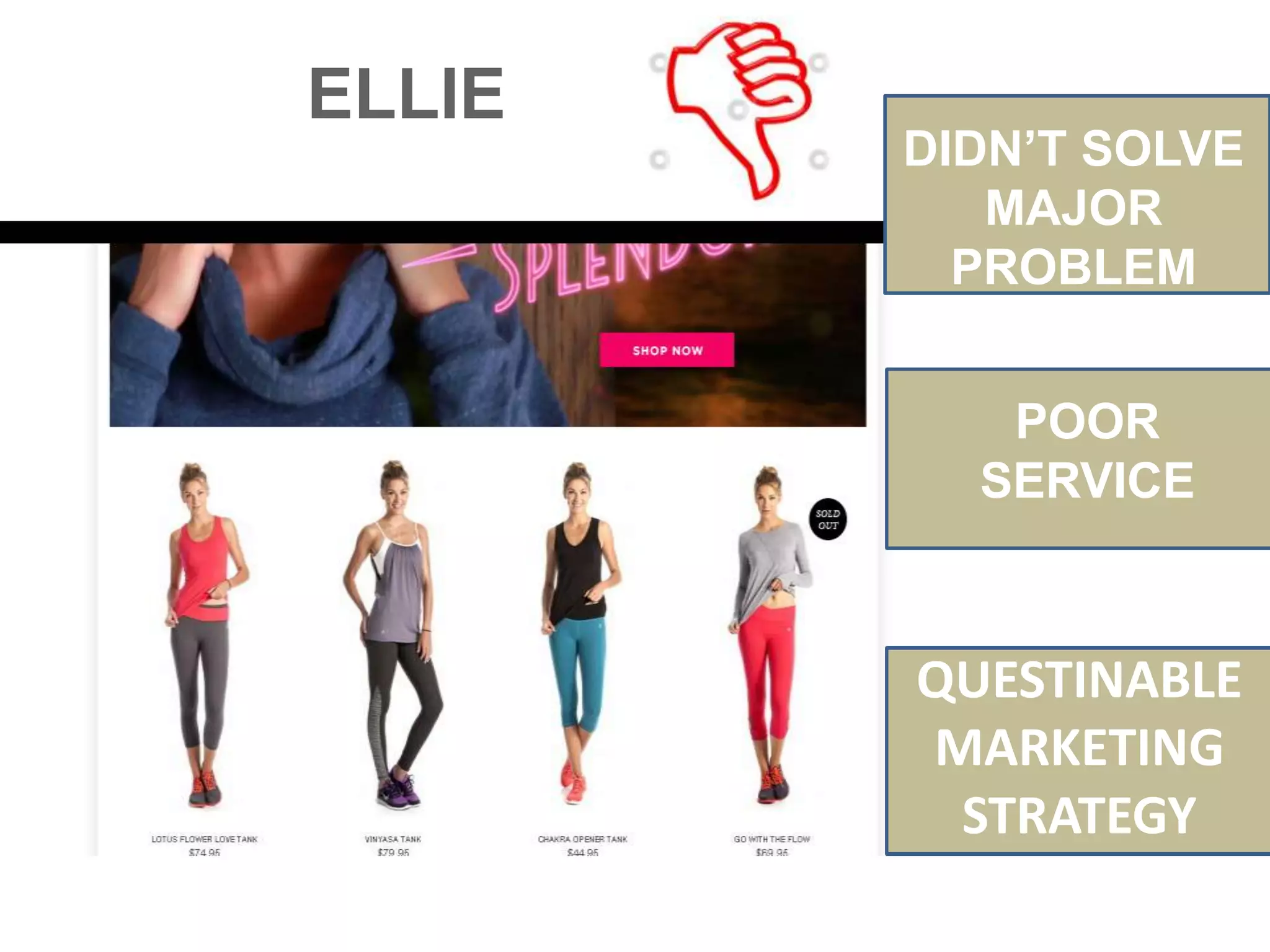 ELLIE
DIDN’T SOLVE
MAJOR
PROBLEM
POOR
SERVICE
QUESTINABLE
MARKETING
STRATEGY
 