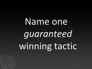 I’ve got some questions for you:How many of you are part of a product team building great stuff for customers?  Now… …does anyone have one product development tactic you use that works consistently to help your team meet its goals and deliver great stuff to customers, every time and for every project? I would like that, because it would be great to know that there is tactic, or even a set of tactics or a process—that can lead my team to success every time. But I can’t think of even one that I would count on to work every time, not amidst all the changing conditions of a dynamic product and business. What I would bet my money on is a winning……strategy, one you can use to maximize your team’s chances of success over time of delivering great features to your customers.Today I’ll share one of the strategies that we use at IMVU.I’m going to review a lot of material today, so to make a couple things more memorable, I’ll reference two of my favorite things: pizza and maps. Today IMVU is a social entertainment product where our customers use 3D avatars to meet people, chat, create cool stuff—AKA UGC--, and play games with their friends. But we started as an add-on……to products like AOL Instant Messenger, adding 3D avatars to text-based instant messaging. Unfortunately for us, we failed! It turned out that we built something our customers didn’t want. But we listened to customer feedback, and began changing our product to suit their needs. We were doing the first parts of Customer Development: Customer Discovery and Customer Validation.Customer Discovery: ensuring the product solves a problem for a group of customersCustomer Validation: Ensuring that group of customers is big enough to build a business And our product development process involved one big weekly meeting to update each other on project status. Our development cycles were 2 months long.We were trying to find a recipe for a product people would like enough to buy, and then build a business on top of that. The team was small and well coordinated, and it worked!After many trials, we found a decent recipe! It wasn’t the best in the world, but it was certainly edible. And the numbers looked pretty good, too… so we thought we could run with this recipe, and we decided to scale it. We thought we could take lots of this dough, this sauce, and this cheese and just make a lot of it… but we didn’t think about changing the recipe to suit this scaling plan, and But clearly, if our goal was to scale, we didn’t do it very well. Something wasn’t working.As it turns out… What got you here won’t always get you there.When you take the recipe and try to scale it up, you end up with something mediocre.  You can’t just multiply the amounts of ingredients. You have to adjust the ratios in your recipe, often the cooking temperature and time, sometimes the cooking method…So what happened in our case? We had one person in charge of the sauce, one person in charge of the cheese, and another person in charge of the doughEach of those people thought they could manage their part of the product recipe separately and come up with a bigger version of the original pizza.  But we didn’t have a single person in charge of how the entire pizza recipe would come together into something that people would really like and want to pay for. AND, we were GROWING!And the product development process that worked for a small, focused team …wasn’t working for our larger and fast-growing team.Here’s a way to visualize what was going on from our customers’ perspective: I don’t know how many of you have used IMVU, but most of you probably know iTunes…Imagine trying to buy a music track, and instead of the simple process you’re used to… …a web browser launches, obscures the iTunes UI, and forces you through a web-based purchase process, which even if you complete successfully, doesn’t leave you in a position to listen to the track you just purchased.This is a situation our customers were intimately familiar with …This is the previous version of the IMVU 3D chat client.  You can see we’ve got the ability to have multiple 3D chat’s happening, cool… and we’ve got a buddy list…okay, and wait—what’s that? An inventory attached to the buddy list? Well that feels sort of “bolted on”, but alright… So let’s say that you’re chatting and you want to buy a snazzy new shirt: first of all, how do you think you would buy something here? Anyone? If you manage to find the “shop catalog” button—bully for you! Now hopefully your friends won’t be too insulted as you leave them, perhaps permanently, and we pop a web browser right over the top of the IMVU chat client UI Oops. Many of our customers got lost at this point, never to find there way back into our core experience. We were held prisoner by a couple of things.Our technology was standing in the way of us being able to respond to our customers—due to accumulated technical debt from our early “discovery” mode product development. And fixing our UI infrastructure was a project that would require a large, coordinated effort that our existing PROCESS couldn’t support.  Sort of a Catch-22.Here are some of the other issues and problems: