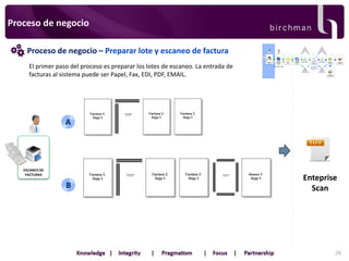 Proceso de negocio
Proceso de negocio – Preparar lote y escaneo de factura
El primer paso del proceso es preparar los lotes de escaneo. La entrada de
facturas al sistema puede ser Papel, Fax, EDI, PDF, EMAIL.

A

ESCANEO DE
FACTURAS

B

Enteprise
Scan

26

 