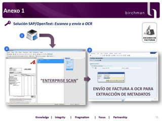Anexo 1
Solución SAP/OpenText: Escaneo y envío a OCR
1

ESCANEO DE
FACTURAS

2

3

“ENTERPRISE SCAN”
ENVÍO DE FACTURA A OCR PARA
EXTRACCIÓN DE METADATOS

51

 