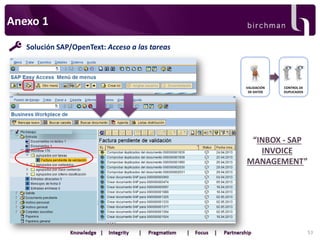 Anexo 1
Solución SAP/OpenText: Acceso a las tareas

VALIDACIÓN
DE DATOS

CONTROL DE
DUPLICADOS

“INBOX - SAP
INVOICE
MANAGEMENT”

53

 