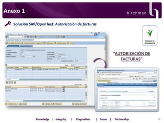 Anexo 1
Solución SAP/OpenText: Autorización de facturas

PROCESO DE
APROBACIÓN

“AUTORIZACIÓN DE
FACTURAS”

56

 