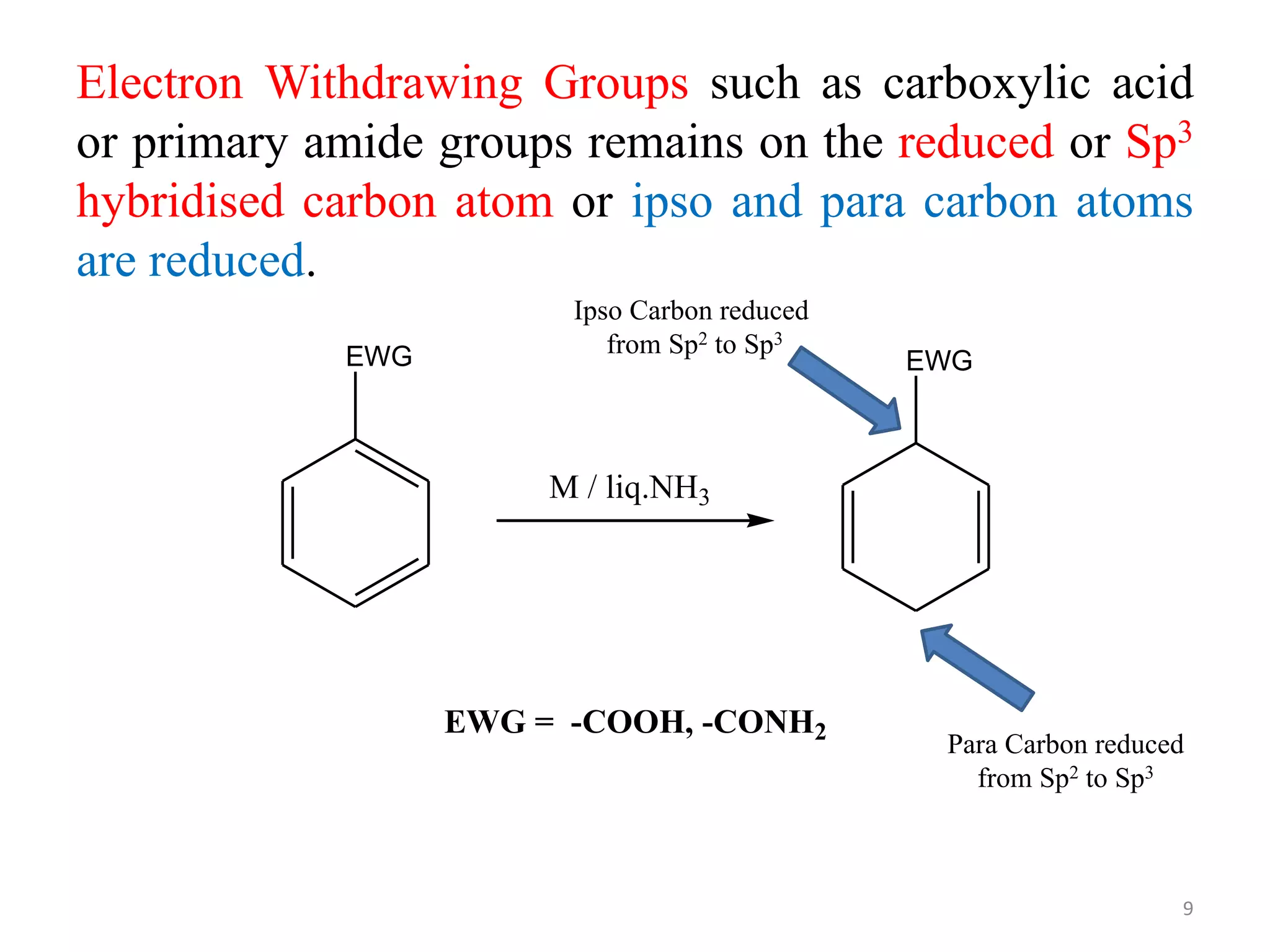 Electron Withdrawing Groups such as carboxylic acid
or primary amide groups remains on the reduced or Sp3
hybridised carbon atom or ipso and para carbon atoms
are reduced.
EWG EWG
EWG = -COOH, -CONH2
M / liq.NH3
Ipso Carbon reduced
from Sp2 to Sp3
Para Carbon reduced
from Sp2 to Sp3
9
 